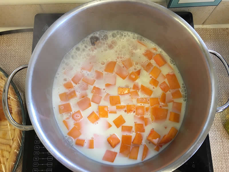 Boil 250g chopped fresh butternut with 150ml milk alternative such as oat milk for 20 minutes